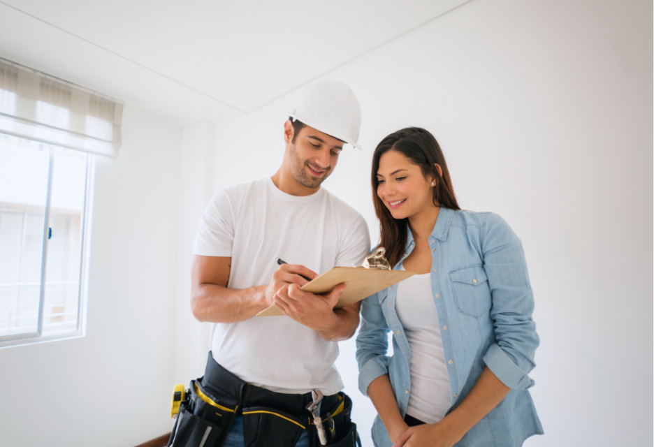a man in a white hard hat, white tshirt and a tool belt, shows a woman what is on his clip board.  The woman has dark hair with a blue button up shirt on a white tshirt
